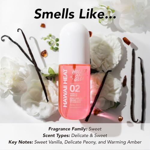Image of Holler And Glow Hawaii Heat Body & Hair Mist, Warm Vanilla, Peony & Amber Scent, Long-Lasting Daily Fragrance, Lightweight, Vegan, Cruelty-Free, Alcohol-Free, Hydrating Hair Perfume, 8.11 Fl Oz