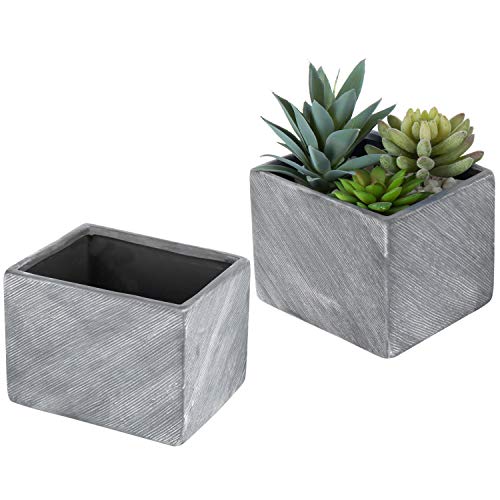 MyGift 6 Inch Terracotta Ceramic Herb Pots, Rectangular Succulent Planter Containers, Set of 2, Gray