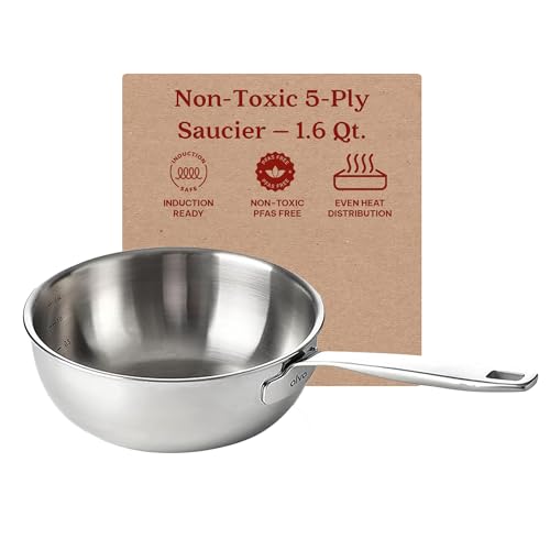 Alva Maestro 5-Ply Stainless Steel Saucier, 1.6 Qt - Non-Toxic PFAS/PTFE-Free Saucepan, Stainless Steel Cookware with Even Heat Distribution & Easy-to-Clean, Induction & Oven Safe, Stay-Cool Handle