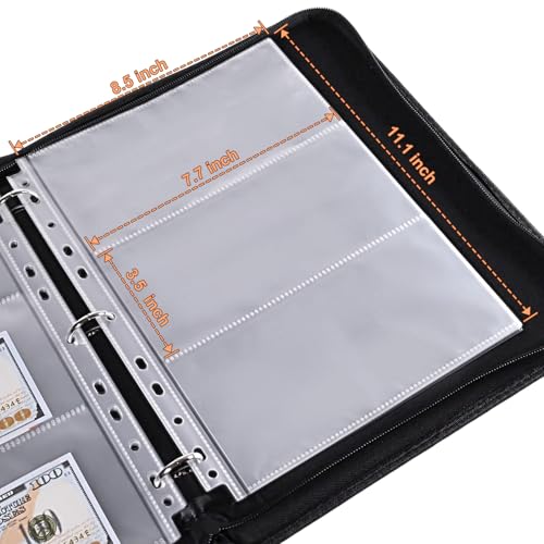 Cash Album with 180 Pockets – WITHYU Expandable 3-Ring Binder Currency Organizer with Clear Non-PVC Sleeves for Banknotes, Bills, Tickets, and Collectibles (Rust)