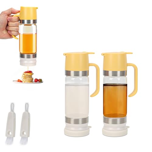YIK TUNG 2 Pack 12 Oz Glass Honey Dispenser Pot with Silicone Base No Drip Honey Container Jar, Maple Syrup Dispenser with Handle for Pancake, Coffee or Tea Yellow by YIK TUNG - Used condition - US$27.19
