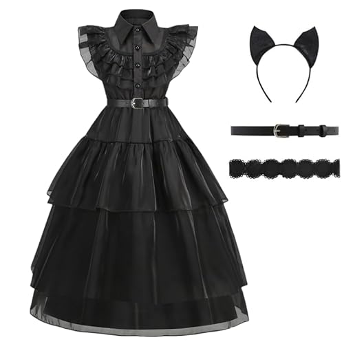 errcom Déguisement Mercredi Enfant | Robe De La Famille Mercredi pour Fille | Mercredi Addams Jupe Longue pour Les Cadeaux De Marchandise Cosplay Noir Addams Halloween Outfit