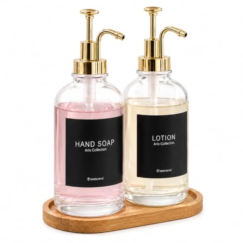 Kitchen Soap Dispenser Set of 2, 16.9 oz Glass, Gold Stainless Steel Pump