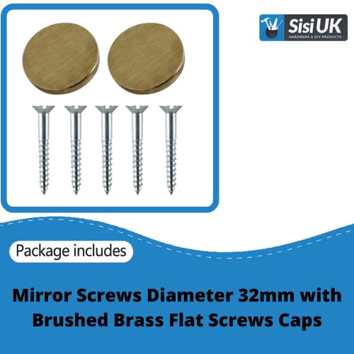 Mirror Screw 32mm & Brushed Brass Flat 19mm Screw Caps Mirror Screws with Decorative Cap Covers Mirror Screws Fitting Set for Mirror Tables Bath Plates Wardrobes Glass Signs Pack of 20 - Image 2