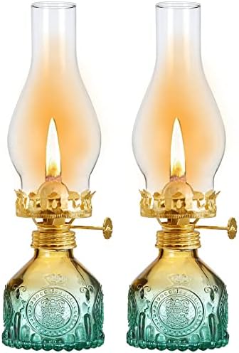 2 Pcs Vintage Kerosene Lamp Oil Lantern Color Glass Oil Lamps for Indoor Use Home Decorative Hurricane Oil Lamp for Tabletop Decor Lighting Hurricane Lanterns 10.6 Inch
