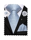 Hi-Tie Ice Blue Ties for Men Silk Mens Tie Designer Novelty Necktie Pocket Square Cufflinks Flower Lapel Pin Set for Prom