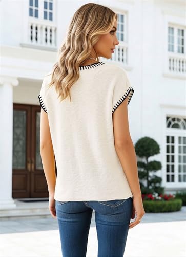 Image of SAUKOLE Women's Sweater Vest Casual V Neck Cap Sleeve Knit Pullover Tops | 2026 Spring Clothes, Soft Knit Shirts, Short Sleeves T-shirts, Tunic Blouses, Sweater Tank Tops