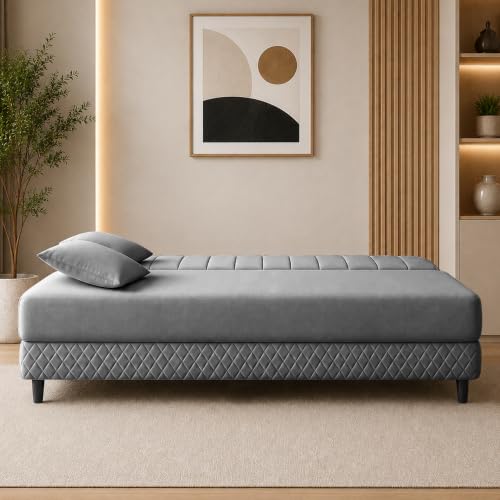 Image of Rosebell Modern 3 Seater Velvet Sofa Cum Bed with Cushion | Premium Upholstered Fabric | Tufted Backrest | Wooden Legs | Living Room Furniture | Grey