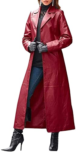 AYGJKIE Gabardina para mujer, abrigo largo de piel sintética de manga larga con cuello vuelto, chaqueta de cuero con botones (color: rojo, talla: grande)