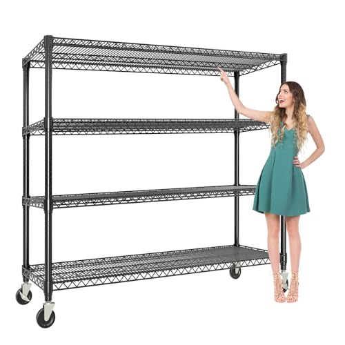 4-Tiers Storage Shelves 59" W x 71.8" H Heavy Duty Garage Shelving Units with Wheels, 2640LBS Rolling Wire Shelving Rack for Garage Kitchen Warehouse