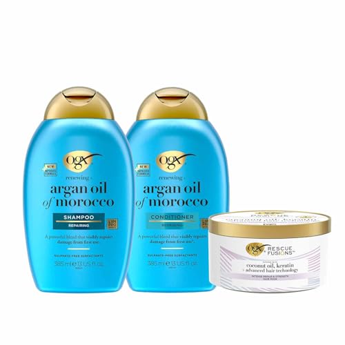OGX Repair & Hydration Bundle for Dry Hair, Argan Oil of Morocco Shampoo (385ml) and Conditioner (385ml), and Rescue Fusions Intense Repair and Strength Recovery Hair Mask (285ml), For All Hair Types