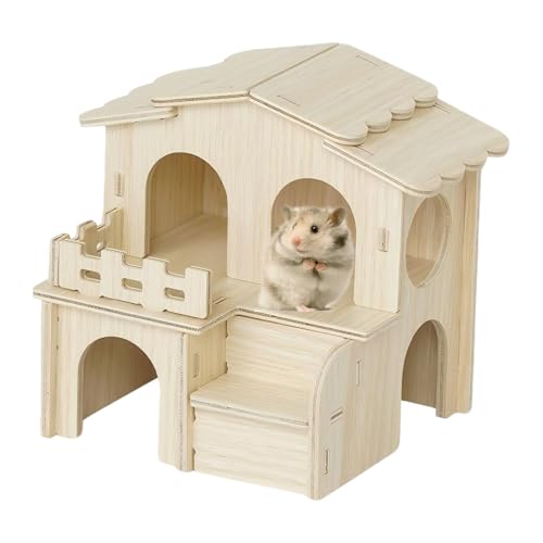 Cutitiuu Wooden Hamster House,Golden Hamster Hiding House,Wooden Small Animal Shelter,Hamster Puzzle Hiding House,Double Layered Villa Tunnel Hamster Wooden Toy Landscaping,Young Guinea Pigs