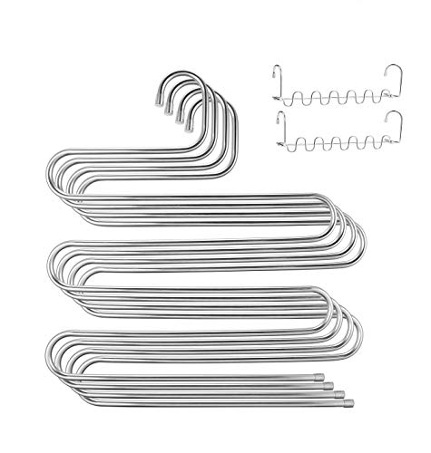 YGZN Perchas para Pantalones de Acero Inoxidable,Ahorran Espacio Antideslizante Barras de Columpio para Vaqueros Bufandas Corbatas con 4 Pinzas portátiles (4 Pant Hangers+2 Hanger Hooks)