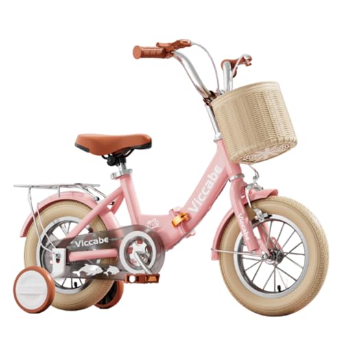 Bxzzuis 子供用自転車 補助輪付き 折りたたみ バランス感覚練習 安全設計 かごと高さ調節付き 2歳〜6歳 男の子 女の子 入学祝い 誕生日プレゼント (ピンク,14インチ)