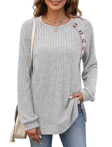Image of Bofell Long Sleeve Shirts for Women Lightweight Button Decor Tunic Tops Side Split