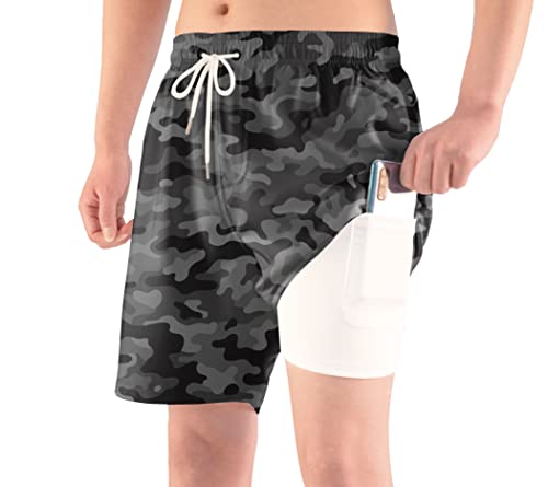 Camouflage Men's Swim Trunks with Compression Liner Bathing Suits Printed Board Shorts with Boxer Brief Lined