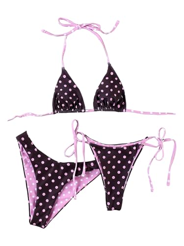 WDIRARA Women's Polka Dots 3 Piece Bikini Set Triangle Halter Thong Swimsuit Bathing Suit