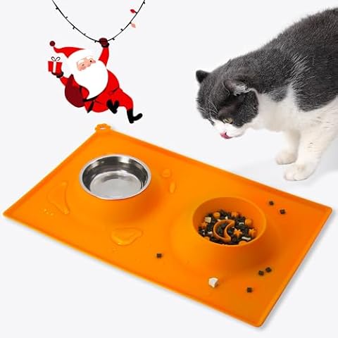 Cat Slow Feeder Bowl - Stainless Steel Cat Water Bowl & Food-Grade Silicone Interactive Puzzle Food Bowl with Mat - Whisker Relief/Bloat Stop/Non-Spill - for Kitten Puppy Small Dogs Cover