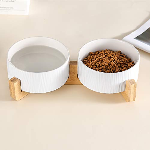 White Ceramic Cat Dog Bowl Dish With Wood Stand No Spill Pet Food Water Feeder Cats Large Dogs Set Of 2 #TOP3
