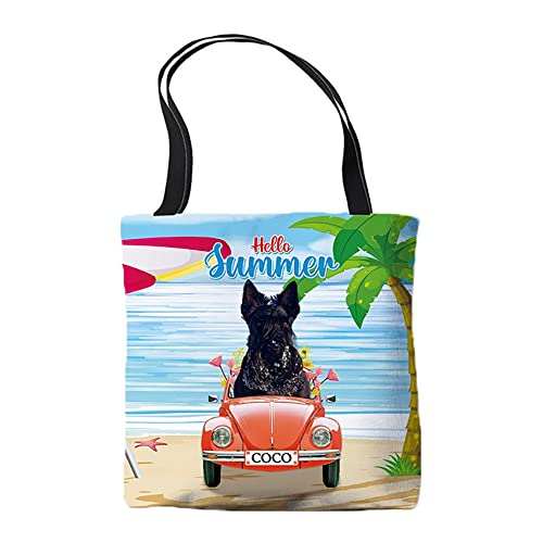 Sac fourre-tout noir imprimé terrier écossais avec inscription « Hello Summer Beach Sea » pour l'école, le travail, Terrier écossais noir., M Cover