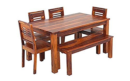 Image of Sheesham Wood 6 Seater Dining Table Set for Home Hall || Solid Wood Dining Table with 4 Chairs and Bench for Hotels || Dining Room Sets Honey Finish