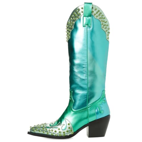 FSJ Women Cowboy Boots Almond Toe Low Heel Pull On Westerm Fashion Colorful Metallic Cowgirl Knee High Boots Stretch Ladies Shoes Size 4-16 US2