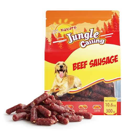 Jungle Calling Soft Beef Sausage Dog Treats Grain-Free High Protein Tender Beef Jerky Easy to Chew Training Treats for Small & Medium Dogs 10.6 oz