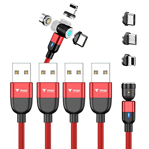 Demon-Devices 4 Pack Data and Charging 540°Free Rotation 3 in 1 Magnetic USB Cable, Nylon Braided for Data Charging for Type C, Micro USB and iProduct (1-1M 3.3ft 3-2M 6.6ft)(Red 4 Pack)