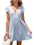 CUPSHE Women's Ruffle Mini Summer Dress V Neck Flutter Sleeve Smocked High Waist Casual Sundress Holiday Beach Dresses, Light Blue S