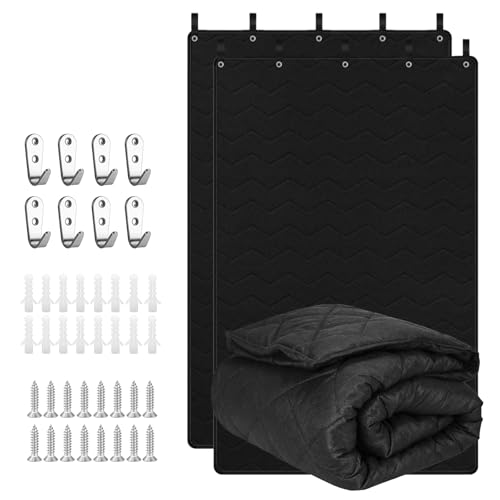 Soundproof Curtains 48" x 78" - 2 Pcs Lightweight Automotive-Grade Acoustic Sound Dampening Blanket with Grommets, Hanging Loops & Wall Hooks, Noise Blocking for Windows, Room, Studio & Office – Black