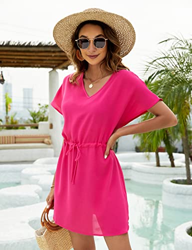 Bluetime Women Plus Size Boho Swimwear Coverups Sexy Flowy Beach Cover Up Short Sleeve Adjustable Waistline Tunic Dress (Xxl, Rose Red) #TOP2