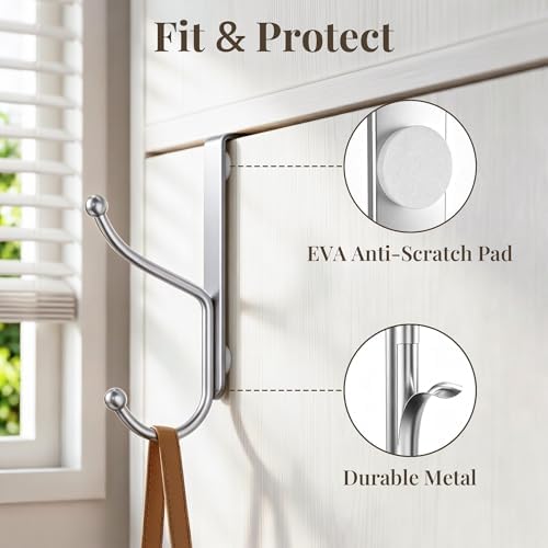 niffgaff Over Door Hook 2-Pack, Heavy Duty Door Hanger, Fits Interior Doors 1.4 Inches Thick, Organize Coats, Hats, Towels, and Bags for Entryways, Bathrooms, Bedrooms, and Kitchens, Silver - 3