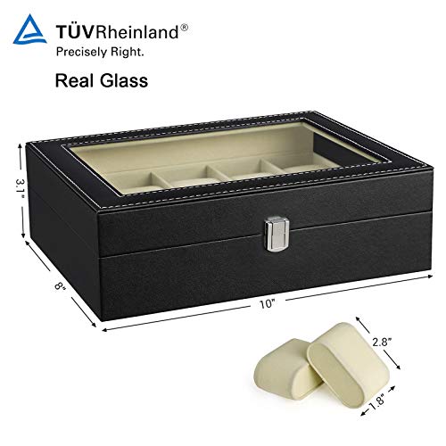 Image of SONGMICS 10-Slot Watch Box, Watch Holder with Glass Lid, Watch Case with Removable Watch Pillow, Velvet Lining, Metal Clasp, Watch Display, Synthetic Leather, Black UJWB010BE