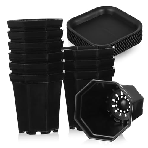 SUPVOX Juego de 10 Macetas Pequeñas de Plástico Negras con Platillos de Maceteros Octogonales Resistentes para Suculentas y Plantas de Interior Reutilizables Orificios de Drenaje