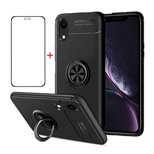 AKABEILA iPhone XR fodral skärmskydd, kompatibel med iPhone XR telefonfodral, silikon ställ ring grepphållare för iPhone XR stöttåligt härdat glas, svart