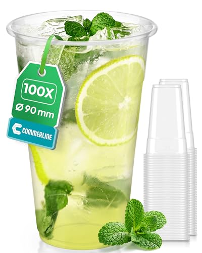 Commerline 100 Stück Plastikbecher 0,5L Trinkbecher, Plastik Transparent Becher, Partybecher, Kunststoffbecher, Wasserbecher Ausschankbecher