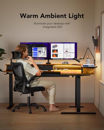 Image of HUANUO 65″ L Shaped Standing Desk with 3 Drawers, Vintage Brown | Built-in Power Outlets, LED Strip, Smooth Electric Height Adjustment, 4 Memory Presets, 220 lbs Capacity, Power Strip Holder