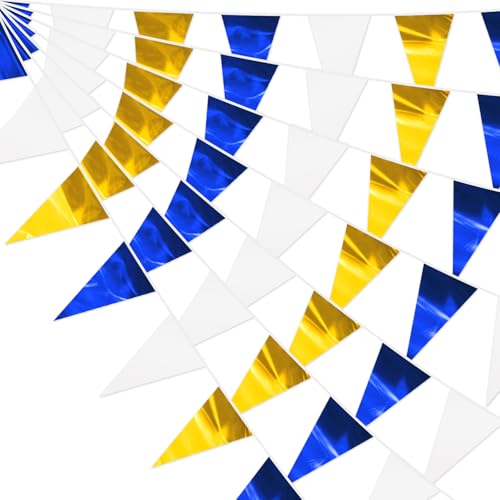 Image of 65FT Navy-Blue White Gold Glitter Triangle Pennant Banner Flag Metallic Bunting Fabric Garland for Christmas Graduation Retirement Wedding Bridal Shower Nautical Ahoy Achor Party Decorations Supplies