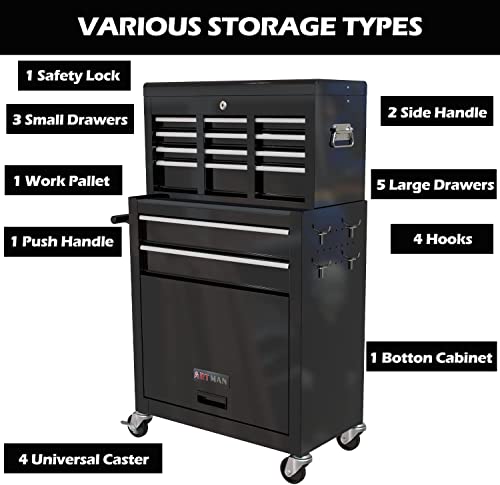 Campfun Rolling Tool Chest Cart - 8 Drawers Lockable Tool Storage Cabinet Detachable Tool Box Utility Cart Tool Organizer With Wheels And Hooks For Garage Warehouse Workshop Repair Shop, Black #TOP3