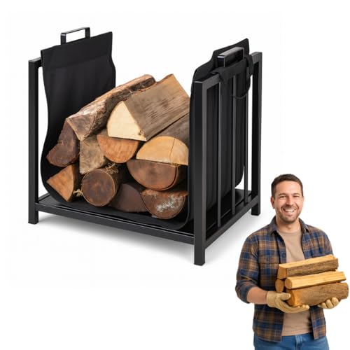 Anwicar Leñero de Acero con Funda de Transporte 50x50x37 cm - Estable y Compacto Cesta Leña Chimenea Interior y Exterior - Leñeras de Acero Pintado con Pintura en Polvo - Negro