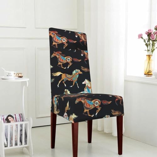 Housse de chaise sans accoudoirs extensible motif cheval marron