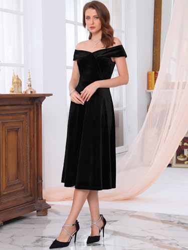 Women's Velvet Dress Off The Shoulder Vintage Cocktail Evening A-Line Dresses2