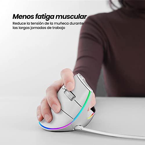 Ratón vertical Nulea con cable, sensor óptico ergonómico USB, 4 DPI, 11 Modos RGB, Color Blanco 2