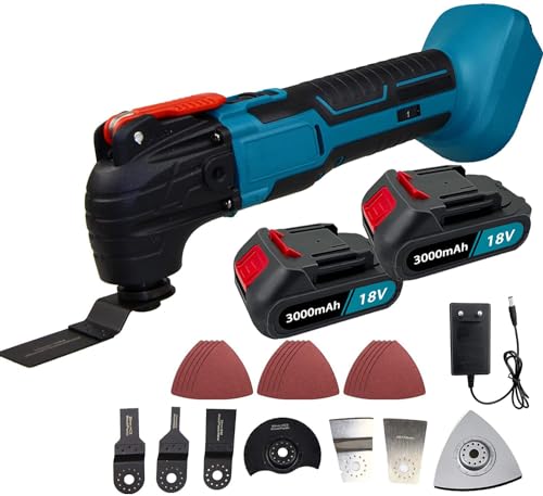 Akku-Multifunktionswerkzeug, Oszillierwerkzeuge Ersatz Für Makita 18V, Mit 22 Zubehör, Mit Zwei 3000mAh Akku, 4° Oszillationswinkel, 6-stufige Drehzahlregelung, 3°-Drehwinkel, leistungsstarker Motor