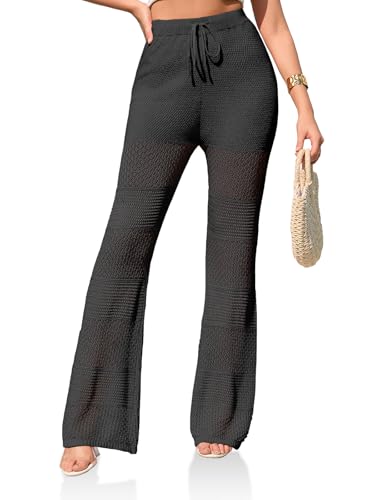 Saodimallsu Womens Beach Cover Up Pants Boho Crochet Knit High Waist Drawstring Sheer Hollow Swim Pant Swimwear2