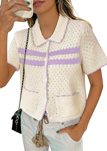 Image of Yousify Womens Casual Summer Short Sleeve Sweaters Button Down Crochet Knit Tops 2026 Loose Cute Cardigan Sweater
