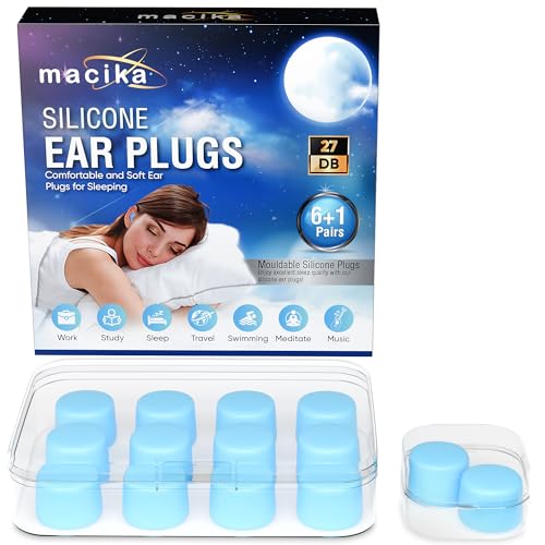 Macika Soft Silicone Ear Plugs for Sleeping 7 Pairs 27dB Noise Cancelling Premium Moldable Ear Plugs Comfy Reusable Customisable Earplugs for Sleep Travel Studying Noise Reduction Waterproof