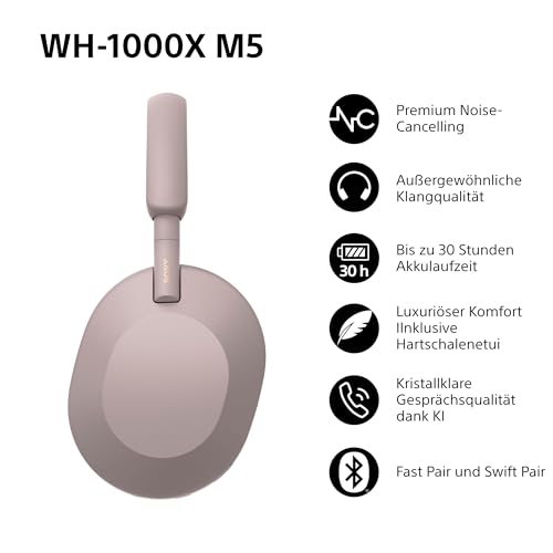 Sony WH-1000XM5 Kabelloser Premium-Kopfhörer mit Noise Cancelling, Bluetooth, kristallklare Anrufqualität, Hi-Res-Audio, bis zu 30 Std Akkulaufzeit, inkl. Hardcase, iOS & Android - Smoky Pink 2