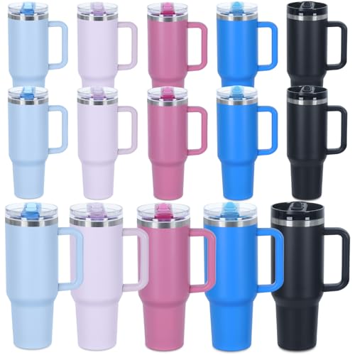 Tswofia 15 Pack 40 oz Tumbler with Handle Bulk and Detachable Leak proof Flip Straw Lid, Double Wall Vacuum Insulated Stainless Steel Tumbler for Laser engraving, Keep Cold and Hot, Mixed-1