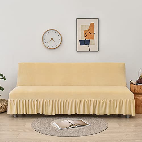 Obokidly Velvet Sofa Bed Cover Futon Slipcover Solid Color Full Folding Elastic Armless For Patio Couch Bench (Beige-With Skirt Ruffled, X-Large(74"-88")) #TOP20